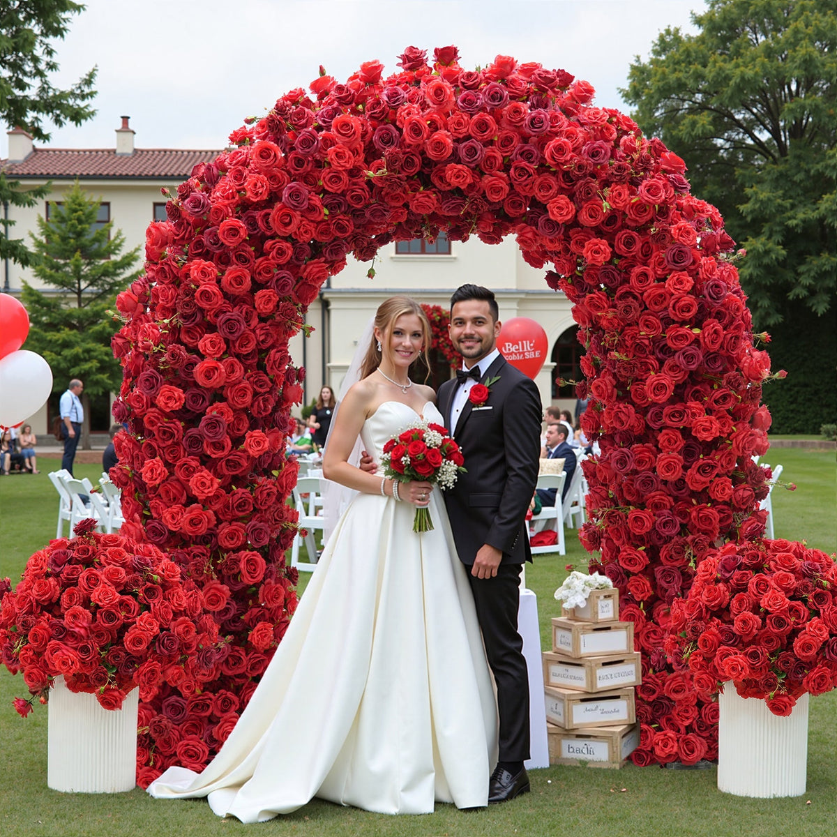 TOPTEN AR022 U-shaped red rose wedding background silk floral arch with frame